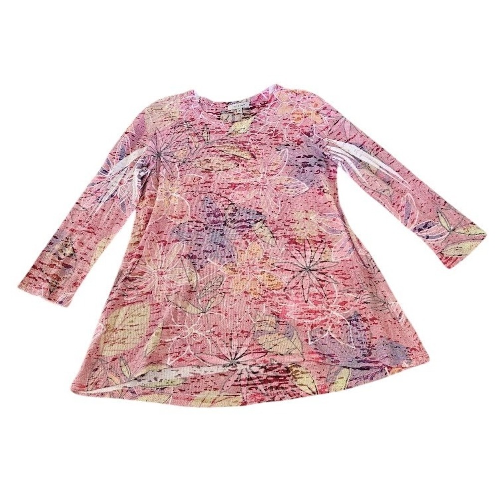 Jess & Jane Women Pink Floral Knit Tunic Top Long Sleeve Medium Artsy Shirt
